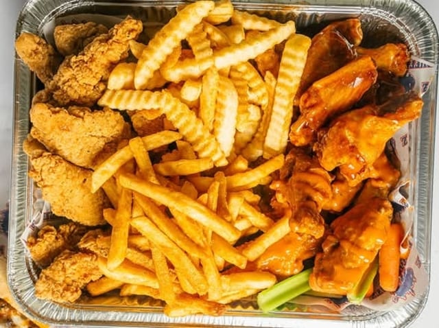 16 Wings, 10 Chicken Fingers and 2 Fries.